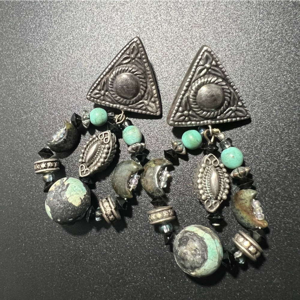 Vintage Sterling Silver Turquoise Gemstone Moon Bead Dangle Tribal Tibetan Nepal